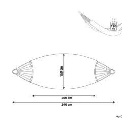 Schematyczny rysunek hamaka z zaznaczonymi wymiarami: szerokość 150 cm, długość 200 cm, całkowita długość 290 cm. Maksymalne obciążenie 120 kg.