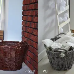 Przed i po: jak ozdobić koszyk wiklinowy. Ciemny kosz zyskał nowe życie po przemalowaniu na szaro i dodaniu ozdobnych pomponów.