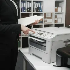 Kobieta w garniturze obsługuje drukarkę laserową czy atramentową, przygotowując dokumenty do druku.