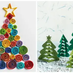 Kolorowe choinki DIY z papieru: jedna z kółek quillingowych, druga z wycinanek.