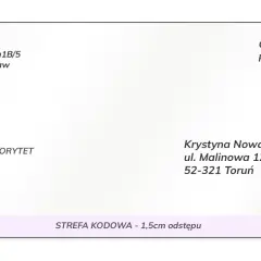 Przykład poprawnego sposobu, jak adresować koperty: dane nadawcy (Jan Kowalski) i odbiorcy (Krystyna Nowak) z ulicami i miastami.