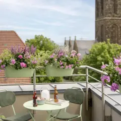 Kwiaty na balkon południowy: bujne, różowe i fioletowe kompozycje w zielonych skrzynkach, tworzące barwną oazę.