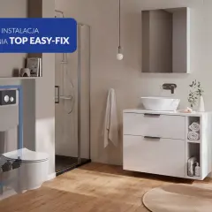 Montaż miski WC z ukrytym mocowaniem TOP EASY-FIX. Nowoczesna łazienka z prysznicem i umywalką.