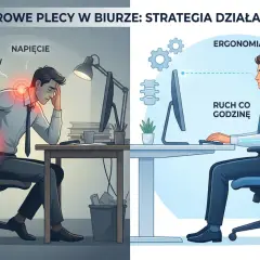 Po lewej: ból pleców, napięcie, zła postawa. Po prawej: ergonomia pracy biurowej, ruch co godzinę, zdrowy kręgosłup, wzmocnienie.