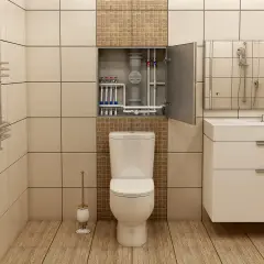 Estetyczna zabudowa rur w łazience, ukrywająca instalację wodną nad toaletą.