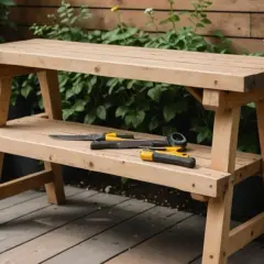 Drewniane meble ogrodowe DIY: dwupoziomowa ławka z narzędziami ogrodniczymi.