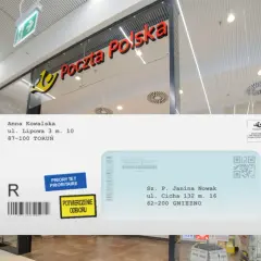List Poczty Polskiej z danymi nadawcy i odbiorcy. Sz. P. Janina Nowak otrzyma przesyłkę.