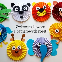 Kolorowe zwierzątka z papierowych rozet: krokodyl, panda, lew, miś, ptaszek, żyrafa, słoń. Zobacz, co można zrobić z papieru kolorowego!