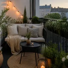 Przytulny balkon w bloku z sofą, stolikiem i mnóstwem zieleni. Światełka tworzą magiczny nastrój.