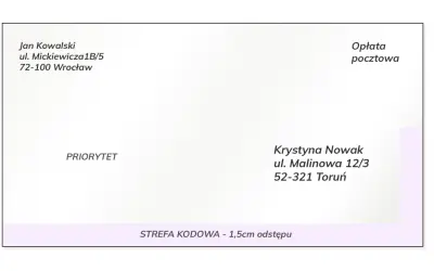 Przykład poprawnego sposobu, jak adresować koperty: dane nadawcy (Jan Kowalski) i odbiorcy (Krystyna Nowak) z ulicami i miastami.