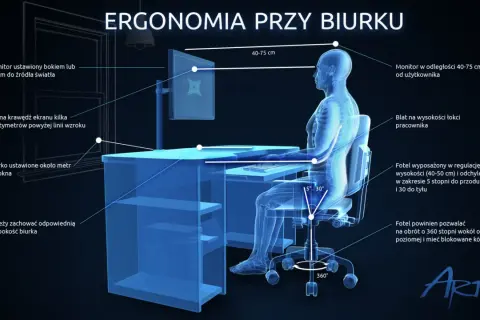 Prawidłowe oświetlenie miejsca pracy przy komputerze: monitor na wysokości wzroku, w odległości 40-75 cm, biurko ok. 1m od okna. Ergonomia biurka i fotela.