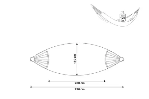 Schematyczny rysunek hamaka z zaznaczonymi wymiarami: szerokość 150 cm, długość 200 cm, całkowita długość 290 cm. Maksymalne obciążenie 120 kg.