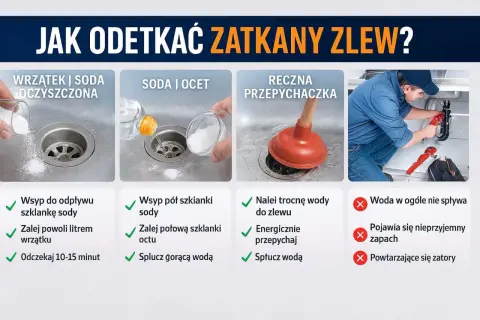 Cztery metody na odetkanie całkowicie zapchanego zlewu: soda z wrzątkiem, soda z octem, przepychaczka i pomoc hydraulika.