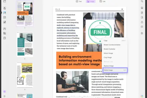Jak usunąć pieczątkę z papieru? W programie UPDF kliknij prawym przyciskiem myszy na obrazek i wybierz "Delete Image".
