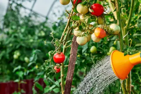 Podlewanie pomidorów w szklarni. Woda leje się z pomarańczowej konewki na krzak pomidorów z dojrzewającymi owocami.