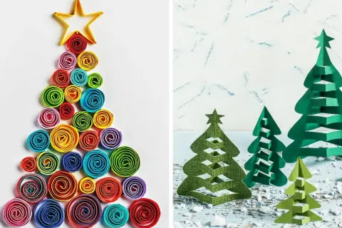 Kolorowe choinki DIY z papieru: jedna z kółek quillingowych, druga z wycinanek.