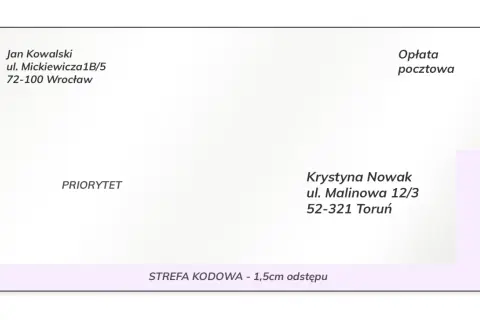 Przykład poprawnego sposobu, jak adresować koperty: dane nadawcy (Jan Kowalski) i odbiorcy (Krystyna Nowak) z ulicami i miastami.