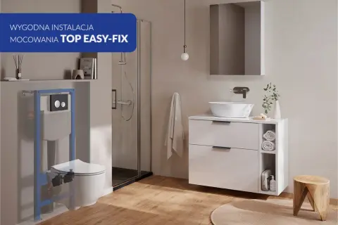 Montaż miski WC z ukrytym mocowaniem TOP EASY-FIX. Nowoczesna łazienka z prysznicem i umywalką.