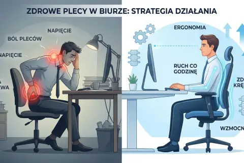 Po lewej: ból pleców, napięcie, zła postawa. Po prawej: ergonomia pracy biurowej, ruch co godzinę, zdrowy kręgosłup, wzmocnienie.