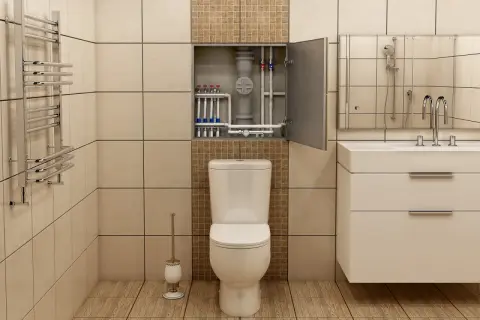 Estetyczna zabudowa rur w łazience, ukrywająca instalację wodną nad toaletą.
