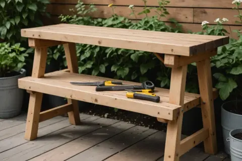 Drewniane meble ogrodowe DIY: dwupoziomowa ławka z narzędziami ogrodniczymi.