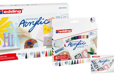 Zestawy markerów akrylowych Edding do kreatywnych projektów na płótnie, papierze, drewnie i kamieniu.