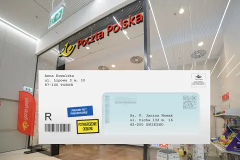 List Poczty Polskiej z danymi nadawcy i odbiorcy. Sz. P. Janina Nowak otrzyma przesyłkę.
