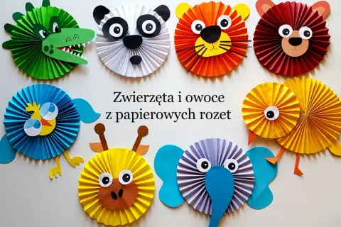 Kolorowe zwierzątka z papierowych rozet: krokodyl, panda, lew, miś, ptaszek, żyrafa, słoń. Zobacz, co można zrobić z papieru kolorowego!