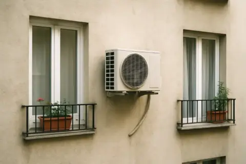Klimatyzator zamontowany na ścianie, z oknami sąsiada po obu stronach. Odległość od okien sąsiada jest widoczna.