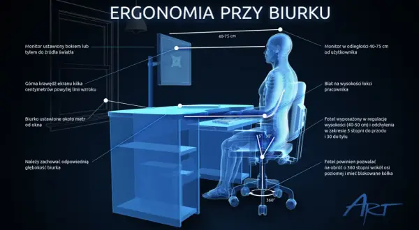 Prawidłowe oświetlenie miejsca pracy przy komputerze: monitor na wysokości wzroku, w odległości 40-75 cm, biurko ok. 1m od okna. Ergonomia biurka i fotela.