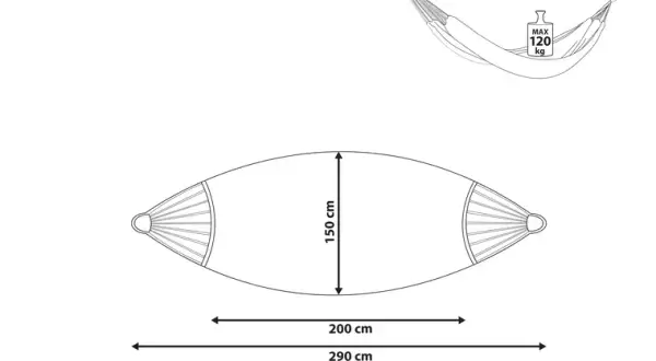 Schematyczny rysunek hamaka z zaznaczonymi wymiarami: szerokość 150 cm, długość 200 cm, całkowita długość 290 cm. Maksymalne obciążenie 120 kg.