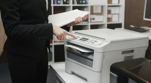 Kobieta w garniturze obsługuje drukarkę laserową czy atramentową, przygotowując dokumenty do druku.
