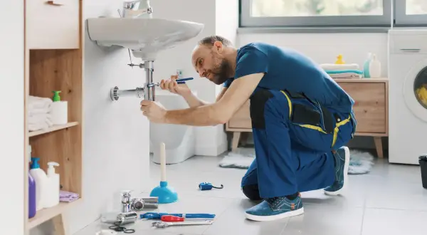 Hydraulik klęczy przy umywalce, używając klucza do pracy przy syfonie. Pokazuje, jak wymienić baterię w umywalce.