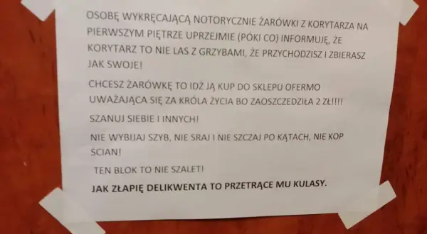 Informacja dla sąsiadów o remoncie: nie wykręcaj żarówek, nie niszcz ścian. Szanuj siebie i innych!