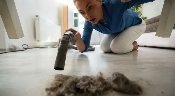 Kobieta klęczy i odkurza pod meblem. Zaskoczona widokiem kłębów kurzu, rozpoczyna ścieranie kurzu.