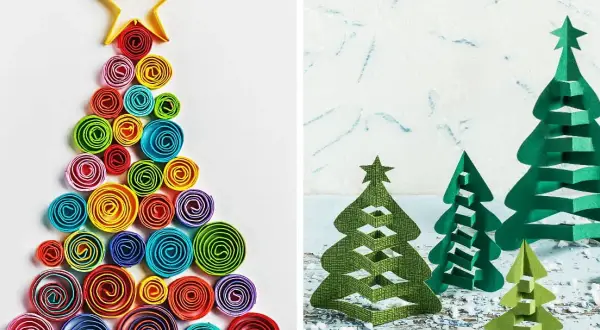 Kolorowe choinki DIY z papieru: jedna z kółek quillingowych, druga z wycinanek.