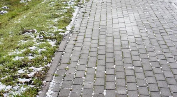 Śnieg na trawniku i kostce brukowej. Czekam na wiosnę i czyszczenie kostki brukowej sodą, by znów lśniła.