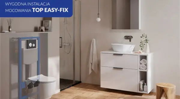 Montaż miski WC z ukrytym mocowaniem TOP EASY-FIX. Nowoczesna łazienka z prysznicem i umywalką.