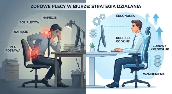 Po lewej: ból pleców, napięcie, zła postawa. Po prawej: ergonomia pracy biurowej, ruch co godzinę, zdrowy kręgosłup, wzmocnienie.