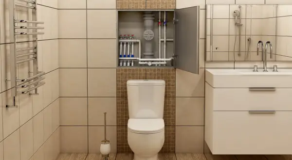 Estetyczna zabudowa rur w łazience, ukrywająca instalację wodną nad toaletą.