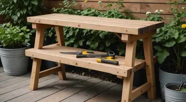 Drewniane meble ogrodowe DIY: dwupoziomowa ławka z narzędziami ogrodniczymi.