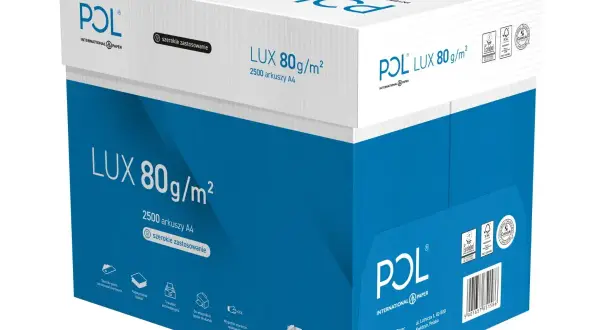 Ryza papieru POL LUX 80g/m² zawiera 2500 arkuszy A4. Idealna do drukarek i archiwizacji.