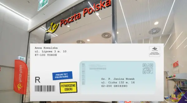 List Poczty Polskiej z danymi nadawcy i odbiorcy. Sz. P. Janina Nowak otrzyma przesyłkę.