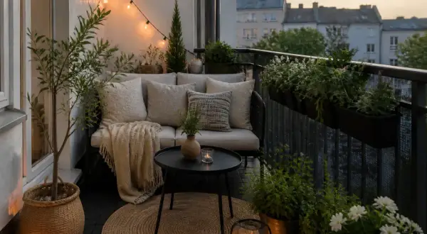 Przytulny balkon w bloku z sofą, stolikiem i mnóstwem zieleni. Światełka tworzą magiczny nastrój.