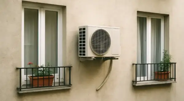 Klimatyzator zamontowany na ścianie, z oknami sąsiada po obu stronach. Odległość od okien sąsiada jest widoczna.