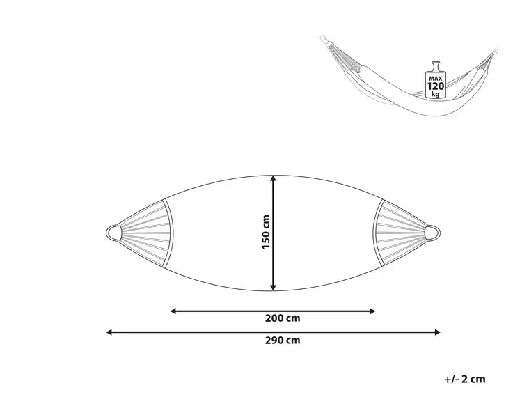 Schematyczny rysunek hamaka z zaznaczonymi wymiarami: szerokość 150 cm, długość 200 cm, całkowita długość 290 cm. Maksymalne obciążenie 120 kg.