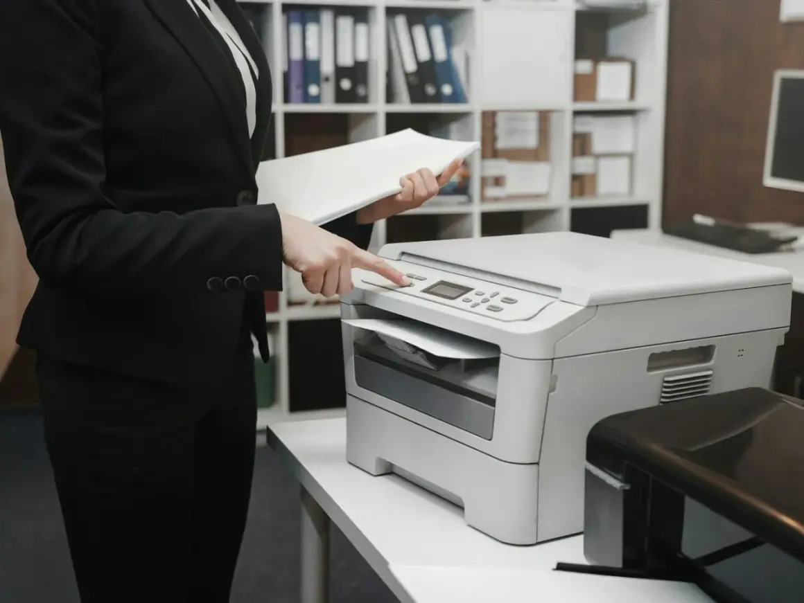 Kobieta w garniturze obsługuje drukarkę laserową czy atramentową, przygotowując dokumenty do druku.