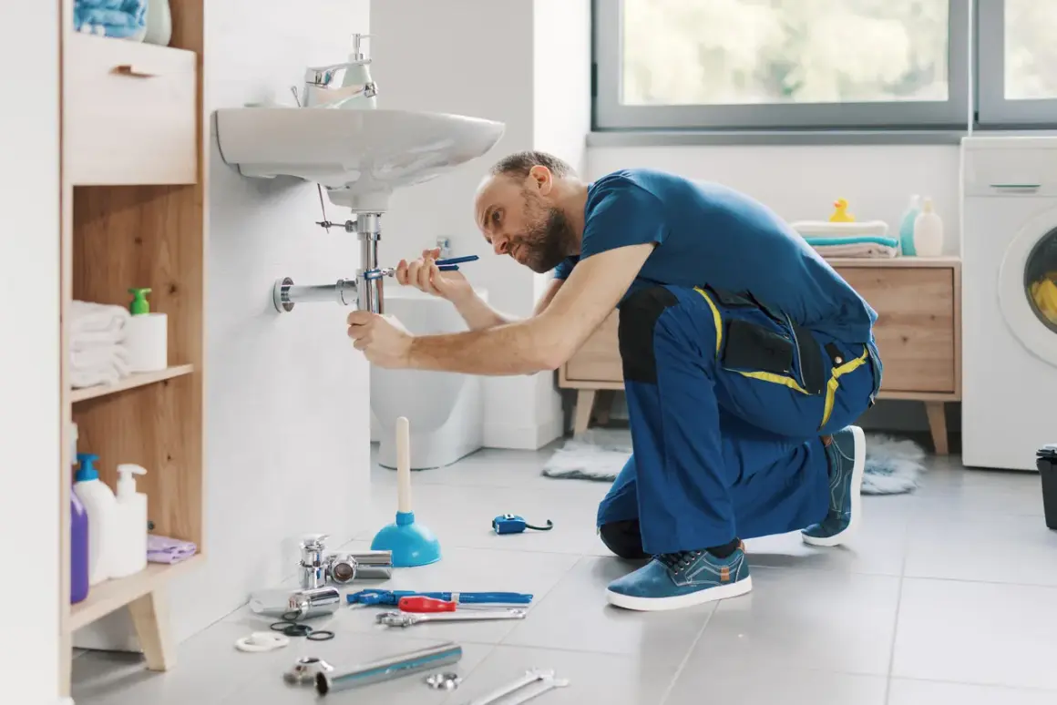Hydraulik klęczy przy umywalce, używając klucza do pracy przy syfonie. Pokazuje, jak wymienić baterię w umywalce.