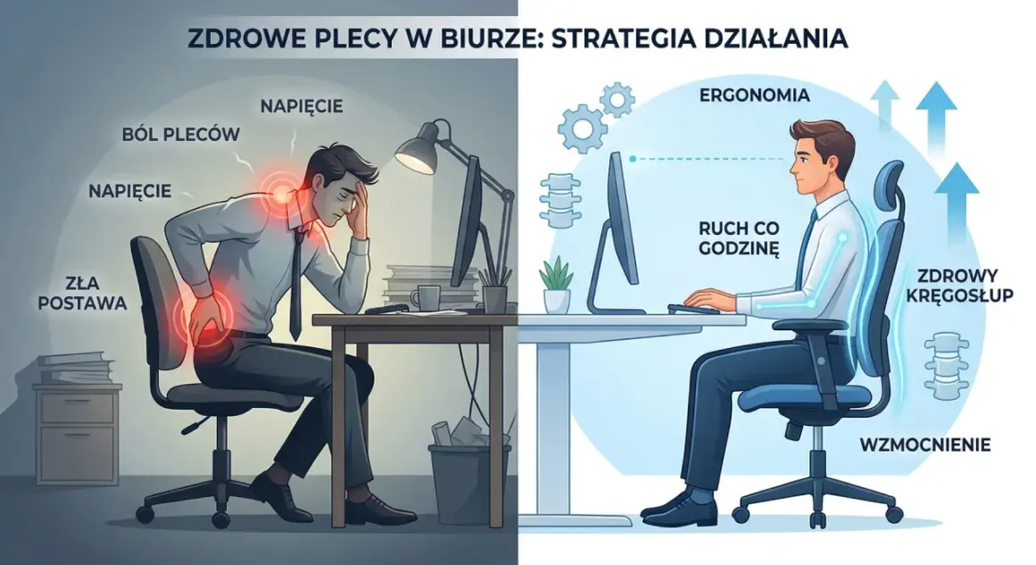Po lewej: ból pleców, napięcie, zła postawa. Po prawej: ergonomia pracy biurowej, ruch co godzinę, zdrowy kręgosłup, wzmocnienie.
