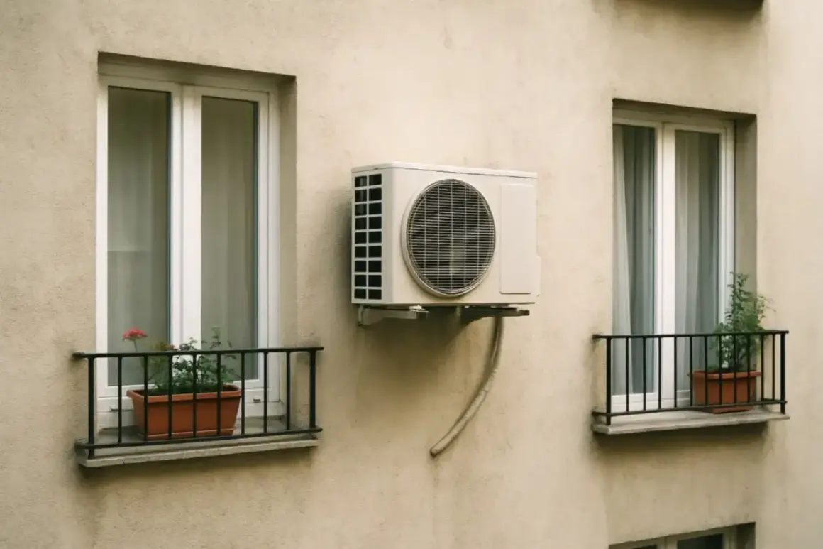 Klimatyzator zamontowany na ścianie, z oknami sąsiada po obu stronach. Odległość od okien sąsiada jest widoczna.